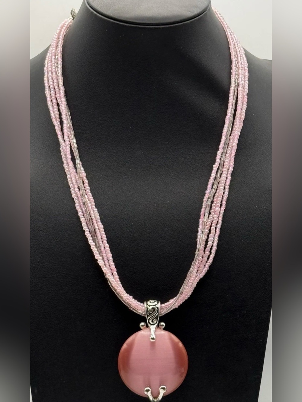 Premier Designs Pink Cat's Eye Multi-Strand Seed Bead Pendant Necklace Vintage